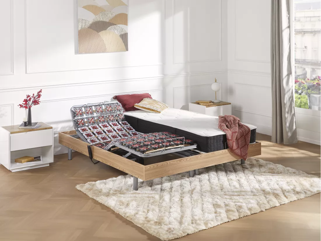 Lit électrique de relaxation tout plots + matelas ressorts ensachés et mémoire forme - 2 x 80 x 200 cm - Chêne - PHANES de YSMÉE