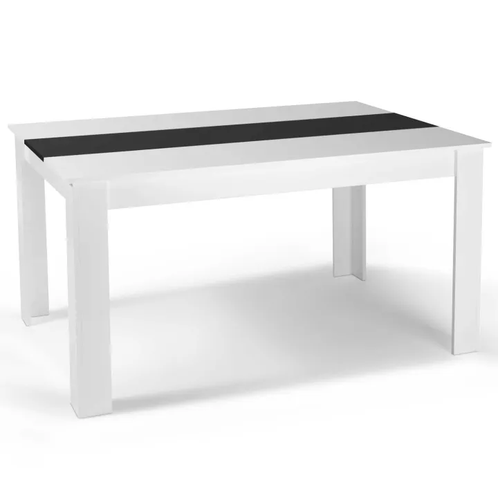 Table à manger blanche et noire 140 cm et 6 chaises noires liseré blanc