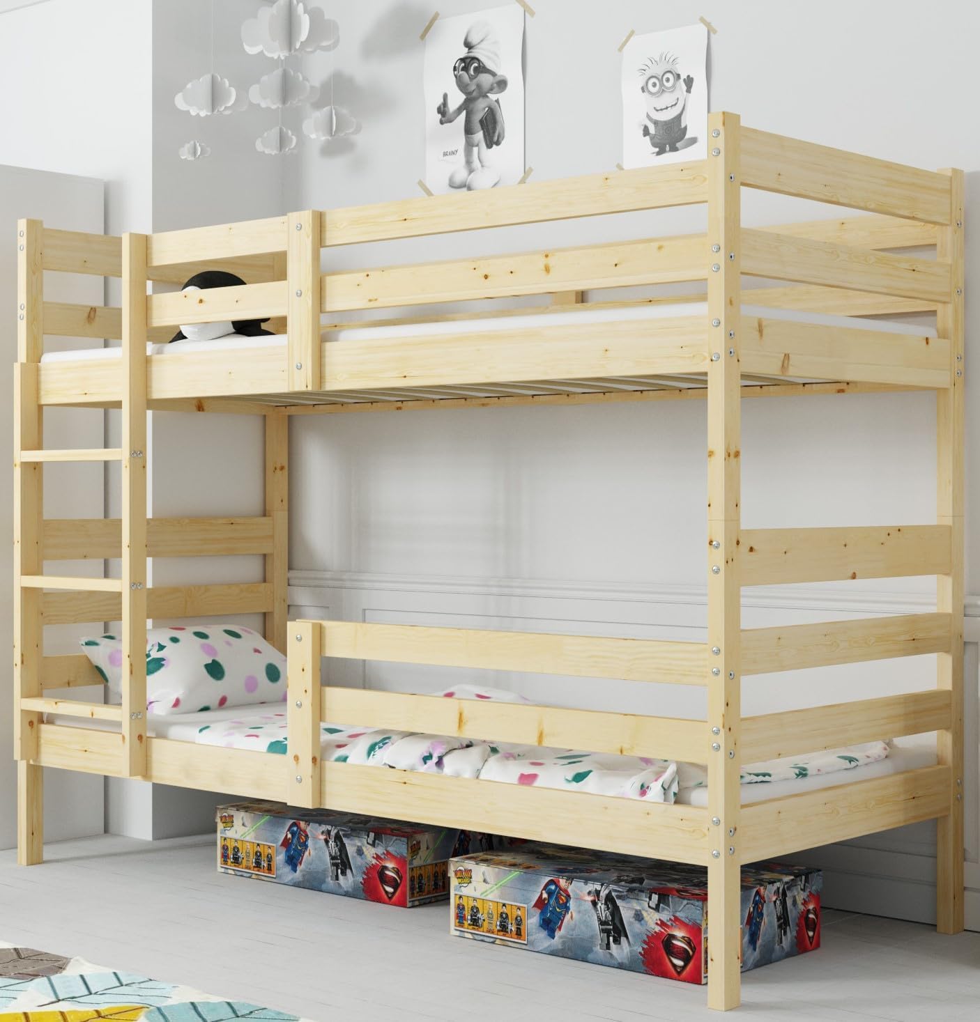 Interbeds Etagenbett Erik 200x90 Stockbett aus Kiefernholz Hochbett roh mit Leiter mit Lattenrost Naturholz Jugendbett Kinderbett für 2 Personen, teilbar in 2 Einzelbetten (Naturholz, 200x90)