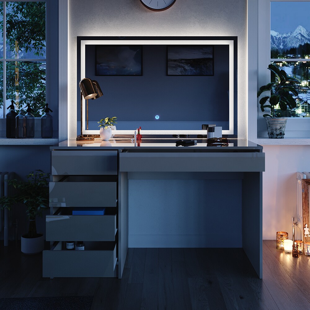 Vicco Schminktisch Sherry Greige Hochglanz 120 x 75 cm 5 Schubladen LED-Spiegel