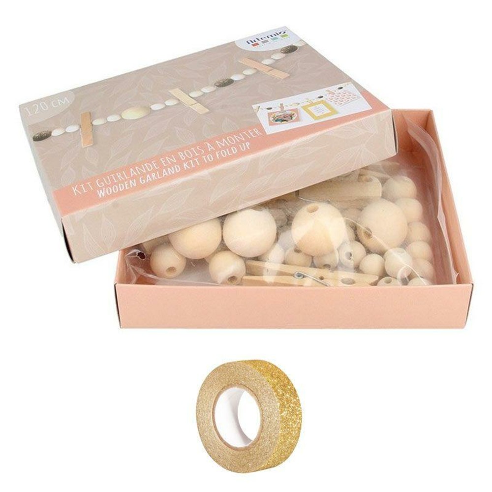 Coffret diy décorations de noël & guirlande bois + masking tape doré à paillettes 5 m