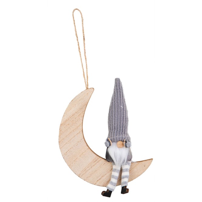 Dekohänger Wichtel auf Mond - aus Holz und Textil - ca. 13 x 3,5 x 27 cm