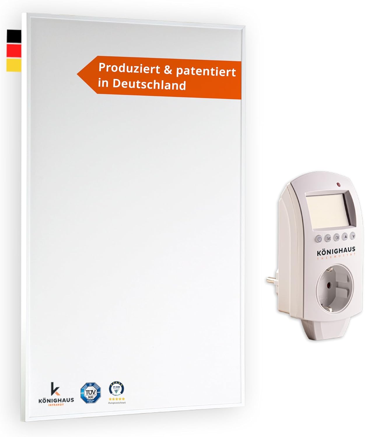 Könighaus Infrarotheizung - 450 Watt mit TÜV SÜD + 5 Jahre Herstellergarantie ✓ Doppelter Überhitzungsschutz ✓ Heizkörper in 2-4 min auf Betriebstemperatur ✓ inkl. Thermostat