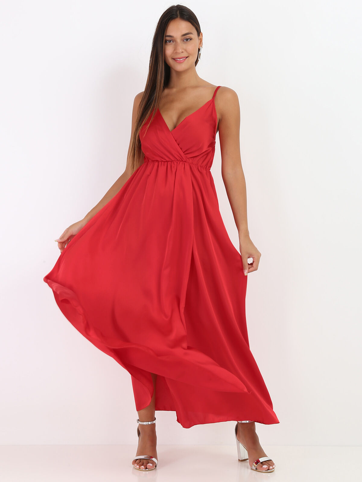 Robe portefeuille satinée- Rouge