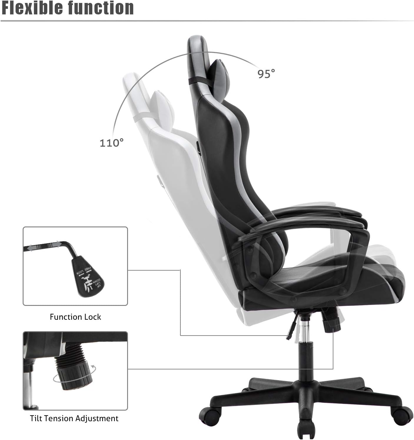 IntimaTe WM Heart Gaming Stuhl, Bürostuhl mit Verstellbarem Kopfkissen und Lendenkissen, Ergonomischer Schreibtischstuhl, Racingstuhl mit Hoher Rückenlehne, 52 x 49 x 130cm (Grau)