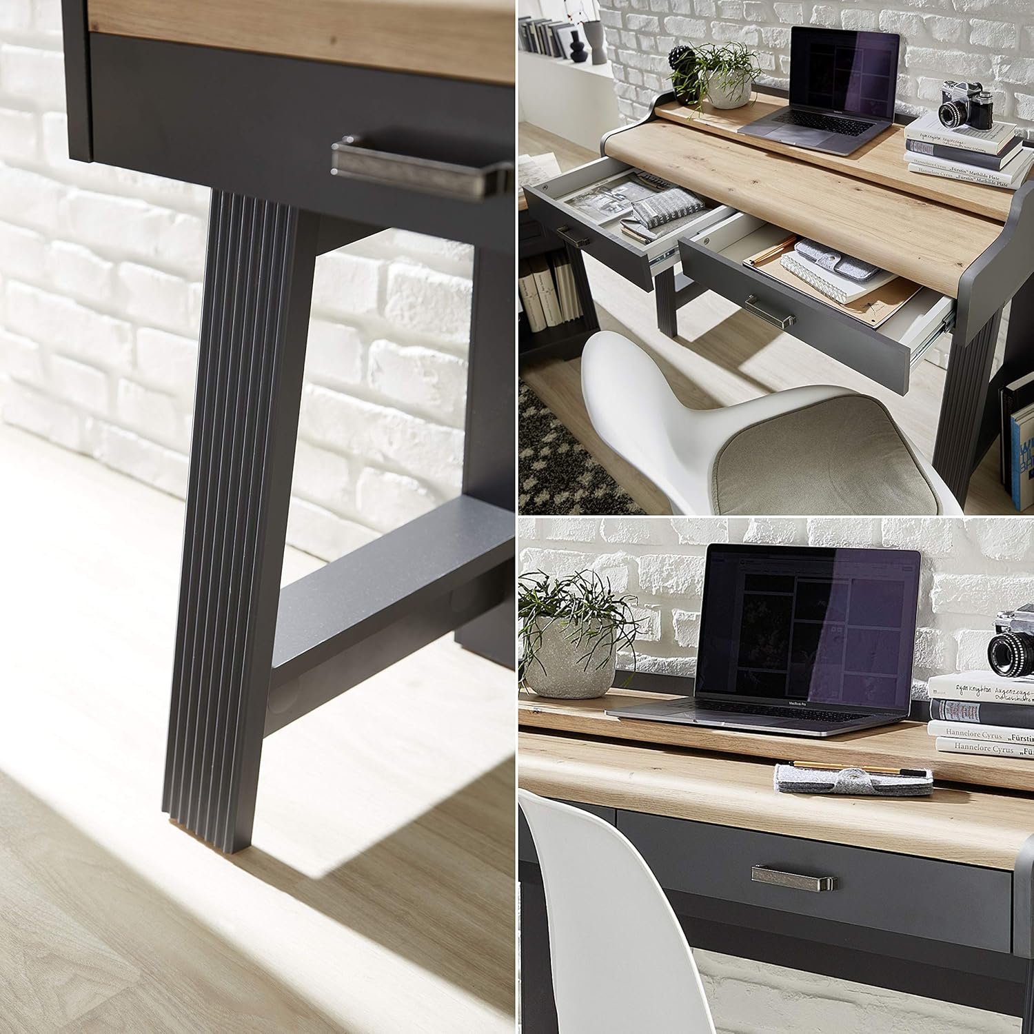 Stella Trading JASMIN Sekretär Schreibtisch in Graphit, Artisan Eiche Optik - Bürotisch mit Schubladen und ausziehbarer Tischplatte - Landhausstil Büromöbel Komplettset - 120 x 84 x 53 cm (B/H/T)