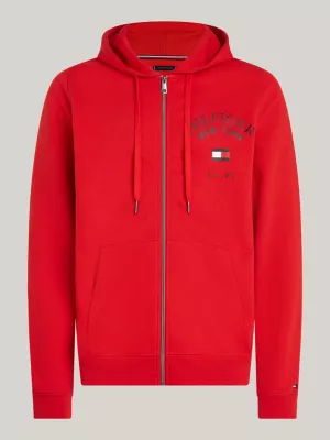 Moletom com capuz e zíper com logo arqueado estilo universitário