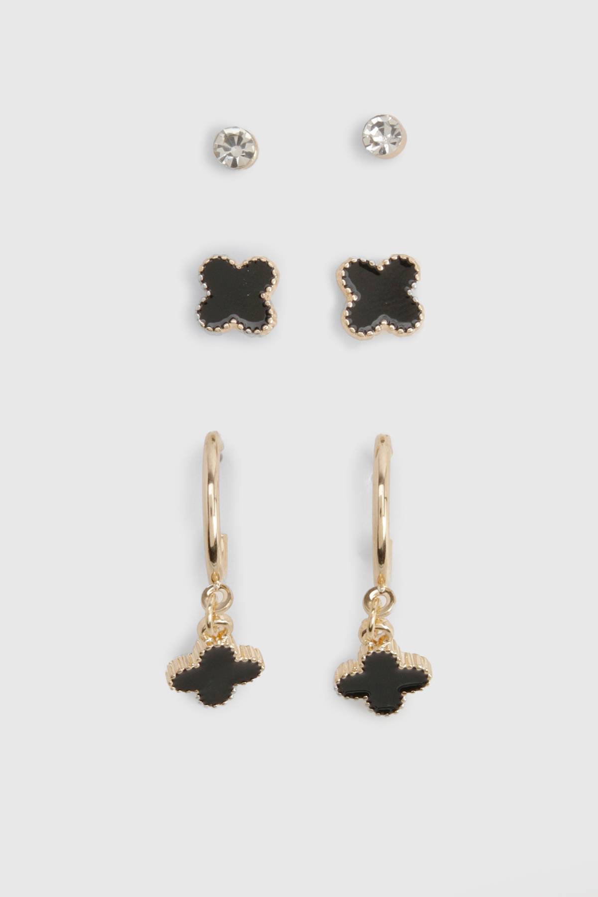 boohoo Boucles d'oreilles trèfle en émail noir 3 pièces