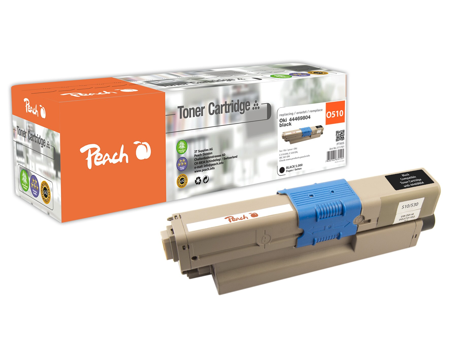 Peach O4446/4449 Toner XL bk ersetzt OKI 44469804 für z.B. OKI C 510 DN, OKI C 530 DN, OKI MC 561 DN (wiederaufbereitet)