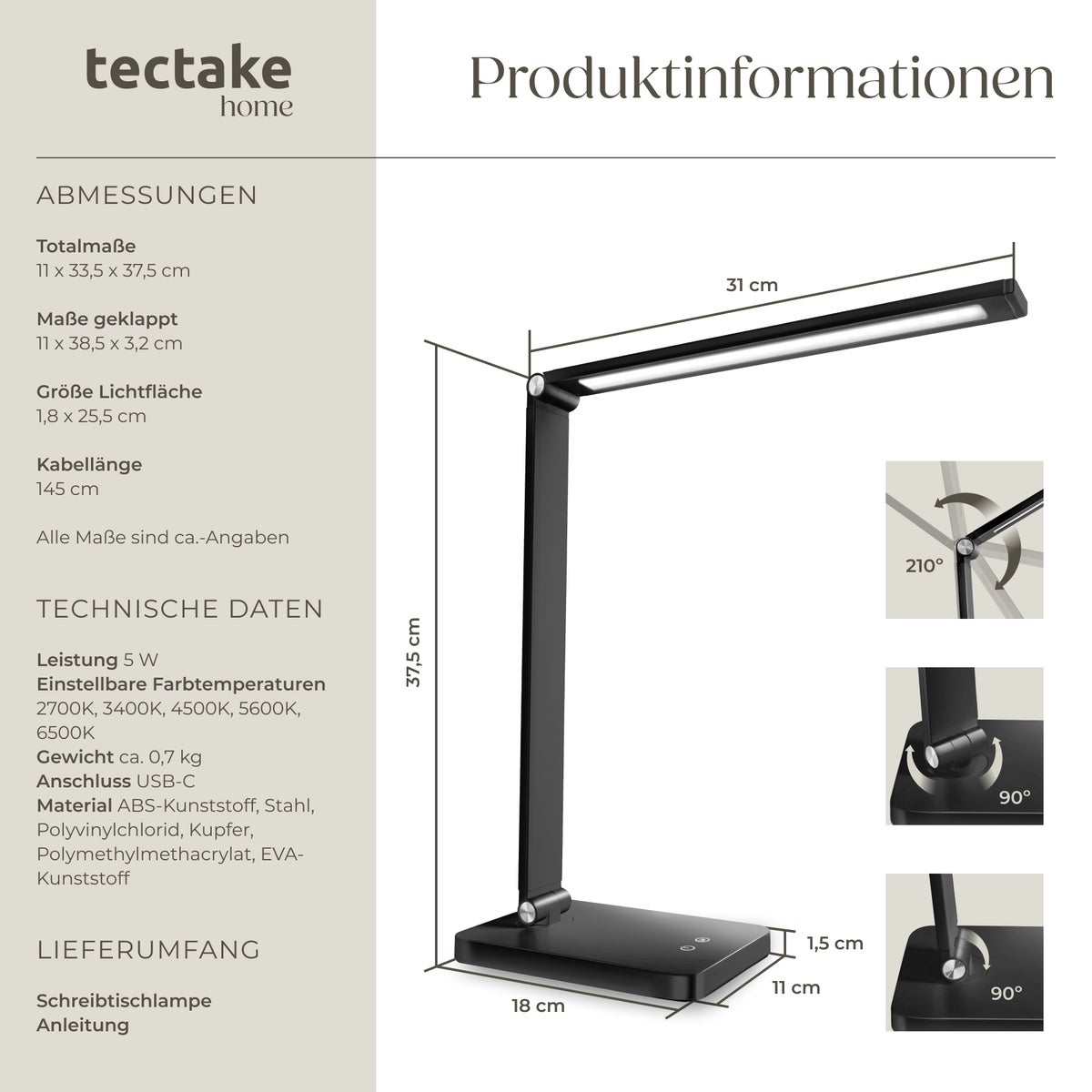 tectake Novaly LED bureaulamp, 5 W inclusief USB-aansluiting