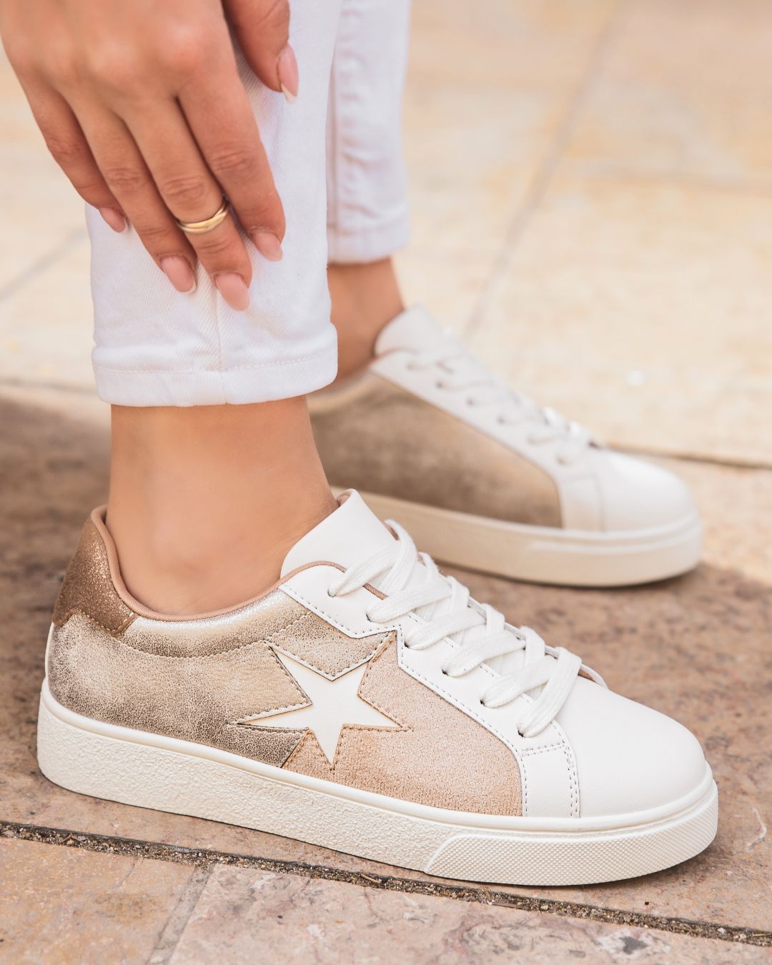 Basket femme beige à lacets étoile - Kady