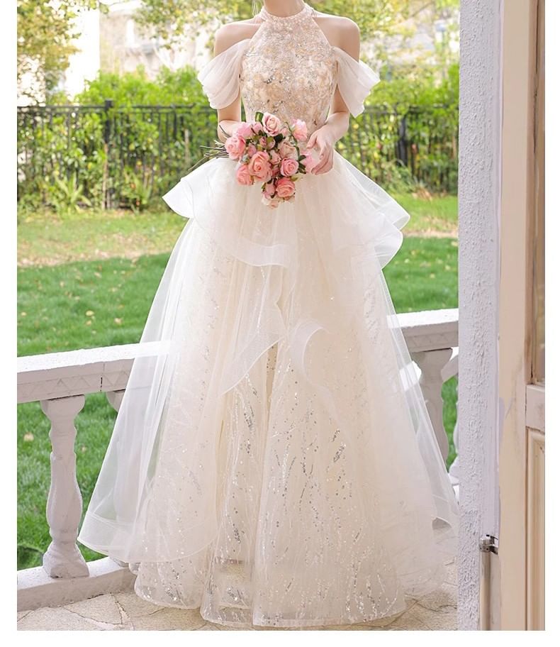 DreesHouse - Halter Cold-Shoulder Sequin Tule A-lijn Avondjurk