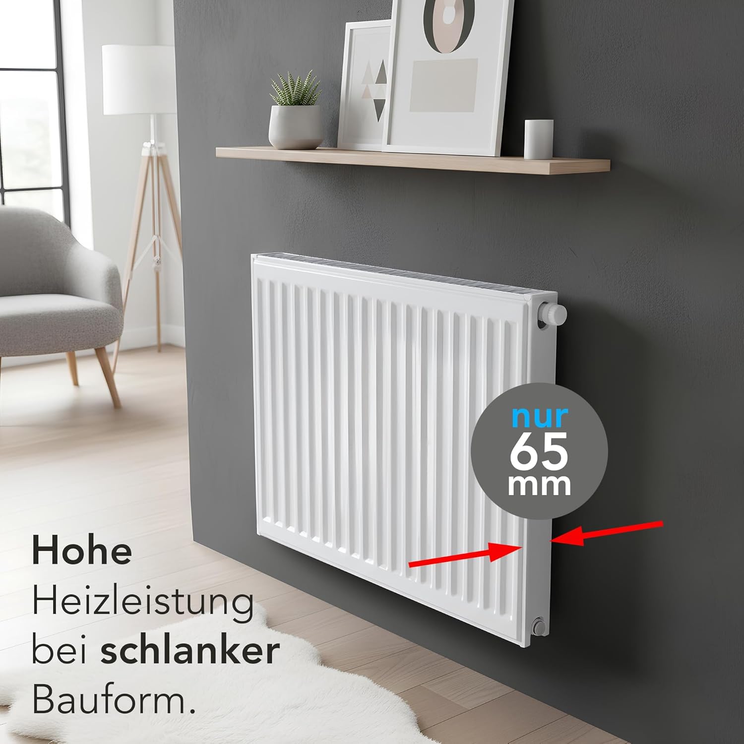 Belrad® Heizkörper Typ 11, flacher Universalheizkörper mit 6 Anschlüssen, modern, kompakt & energiesparend, Wandmontagefähig, ideal für Wohnzimmer, Bad & Gäste-WC, Flachheizkörper weiß 600x600 mm