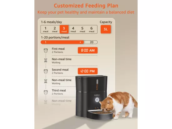 3L Distributeur de Croquettes pour Chat et Chien Noir Distributeur Automatique de Nourriture avec Bol en Acier Inoxydable 6 Repas par Jour