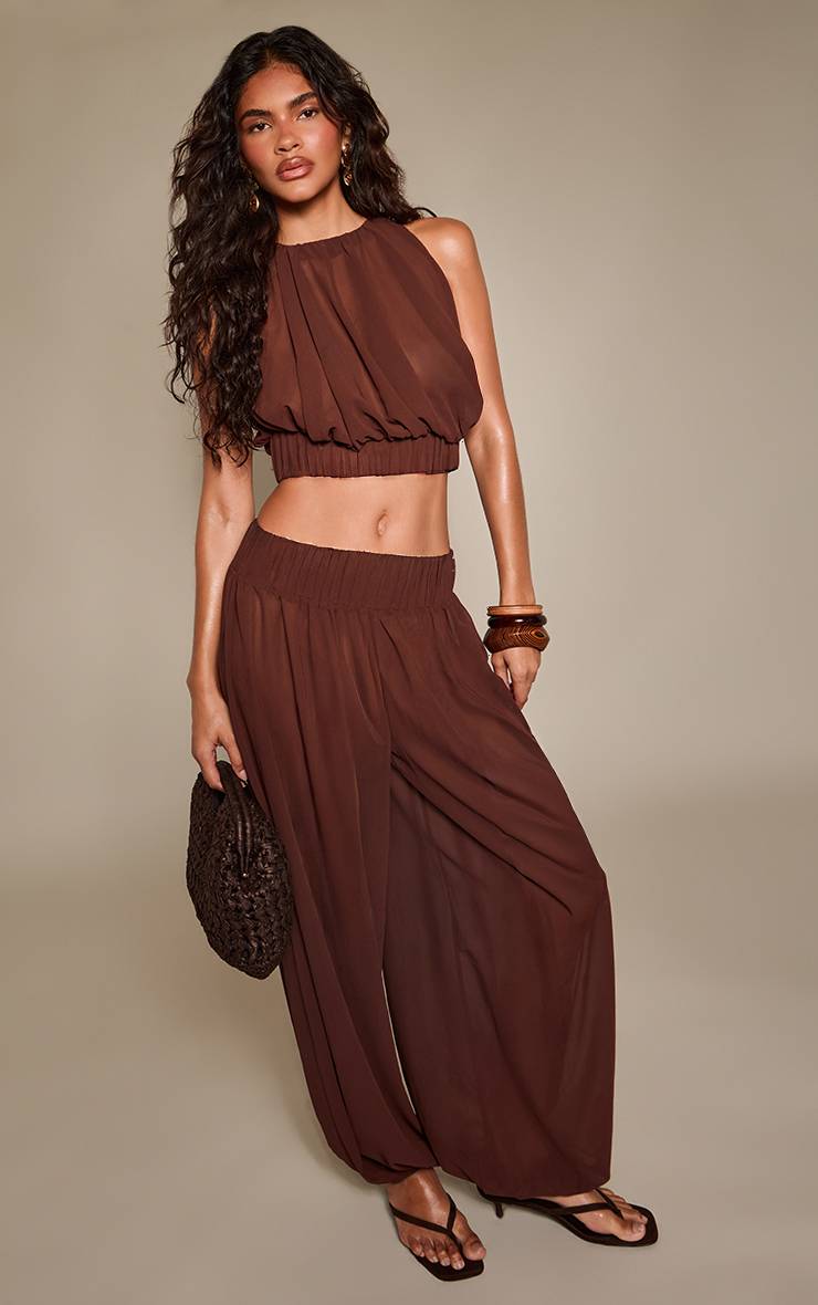 Marron Ensemble Coordonné Pantalon Ballon En Mousseline Avec Bande Froncée