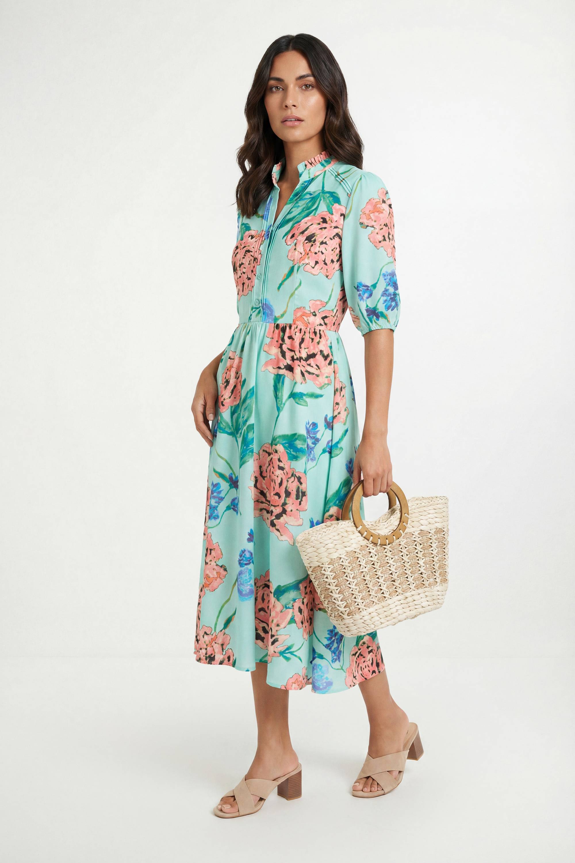 Wallis Robe Midi À Fleurs Avec Manches Bouffantes Et Plis Nervurés