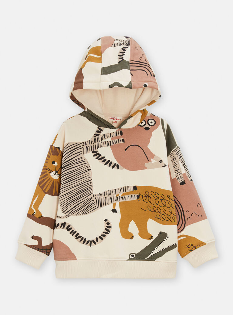 Sweat écru à capuche animation savane pour garçon