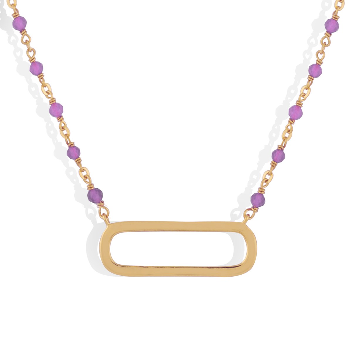 Collier Argent Doré Lingot Et Pierres Naturelles Amethyste