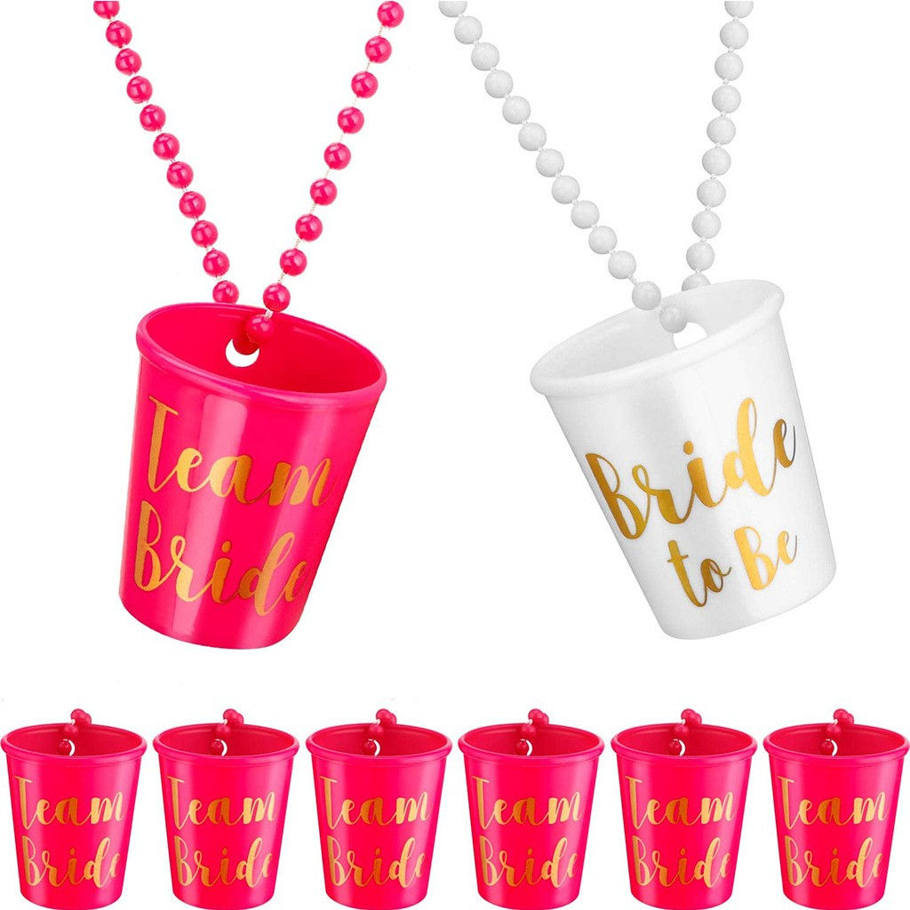 (8er Set) Mehrweg Shot Becher mit Kette Junggesellinnenabschied Bride to Be Party Deko - Pink / Weiss
