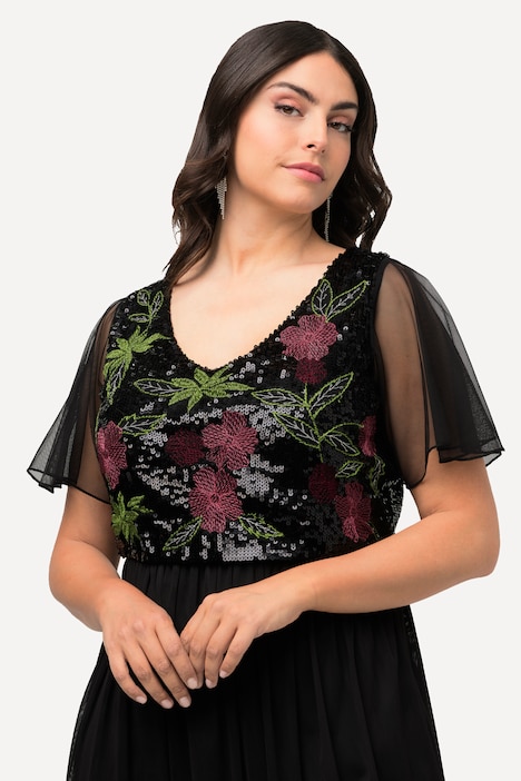 Maxikleid, Pailletten-Blüten, V-Ausschnitt, ärmellos