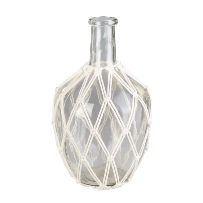 Vase in Flaschenform - mit Makrameenetz - aus Glas und Textil - ca. 19 x 32 cm