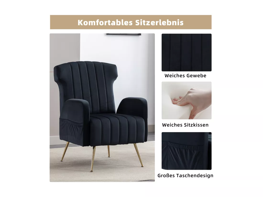 Chaise Décorative En Velours，pieds Dorés，fauteuil Doux，sofa Individuel Confortable