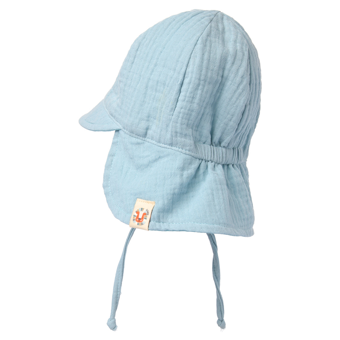 Topomini Baby Musselin-Mütze mit Nackenschutz hellblau