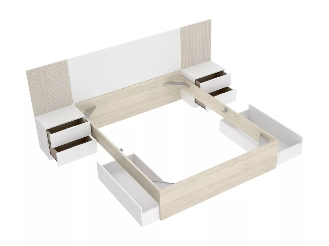 Lit avec chevets 140 x 190 cm - Coloris : Naturel et blanc + Sommier + Matelas - PELORVA