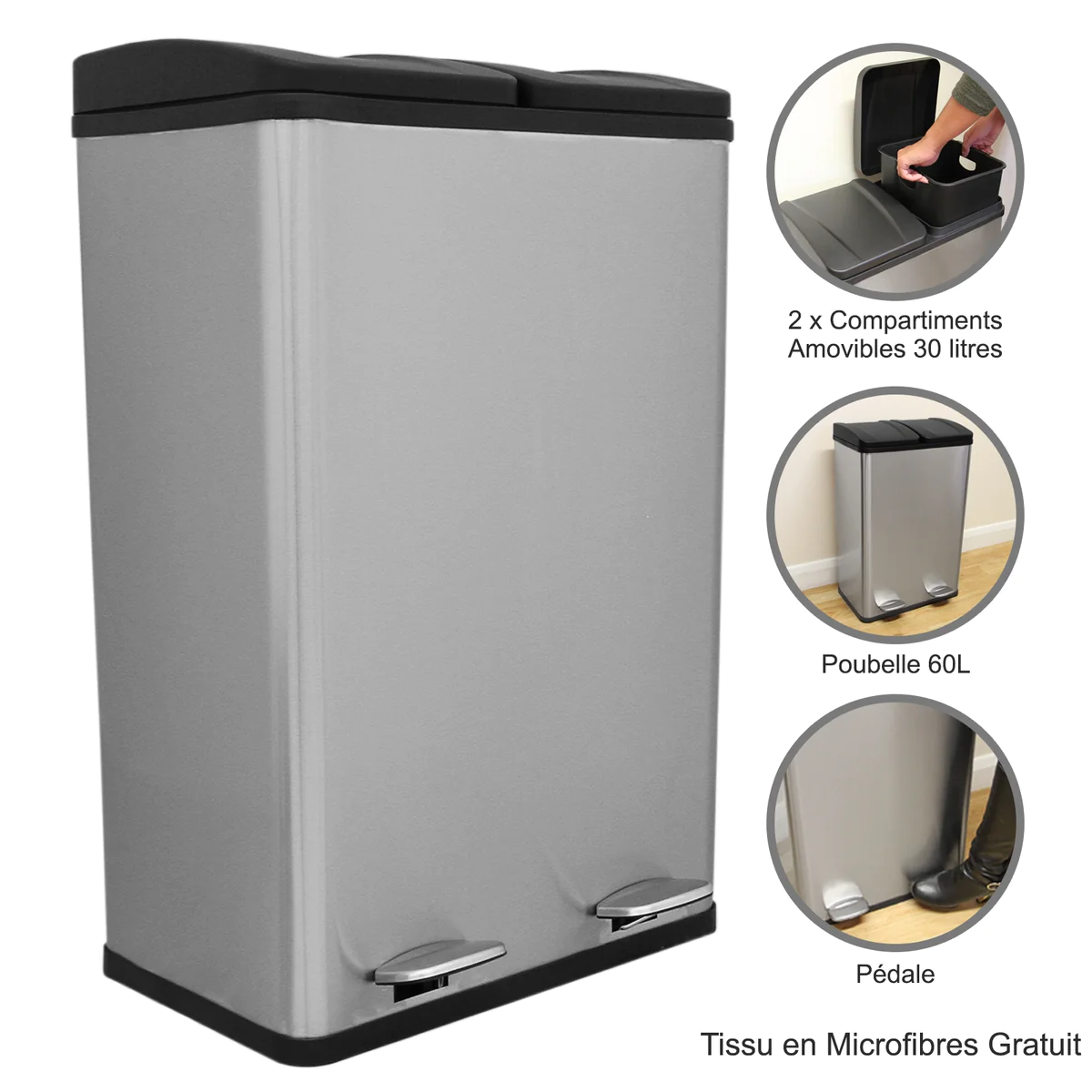 Poubelle de Recyclage 60L Double Acier Inoxydable Kukoo