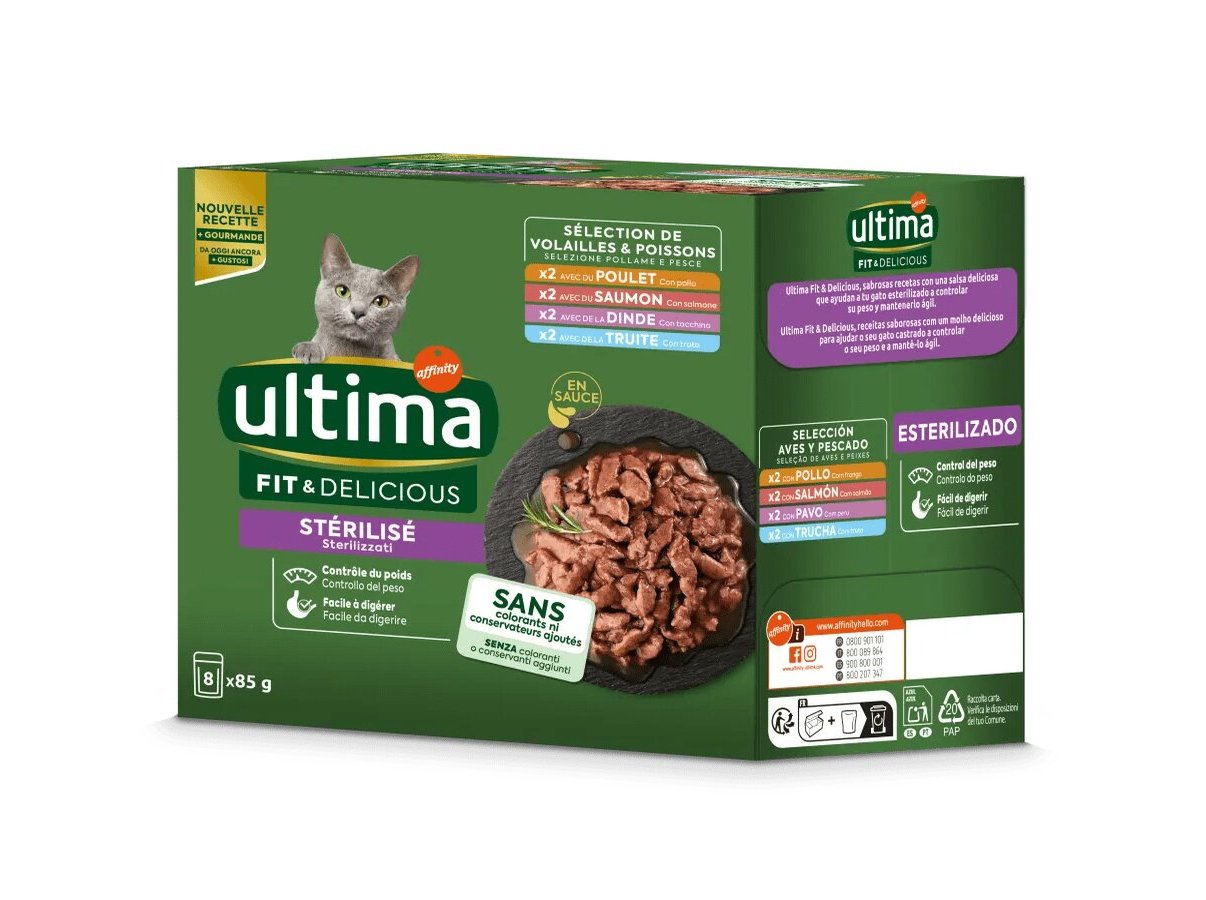 COMIDA HÚMIDA GATO ULTIMA ESTERILIZADO FRANGO/PERU/SALMÃO/TRUTA 8X85G