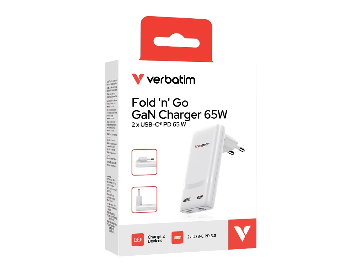 (65W) Fold n Go Dual USB C GaN Ladegerät Netzteil (32355) - Weiss
