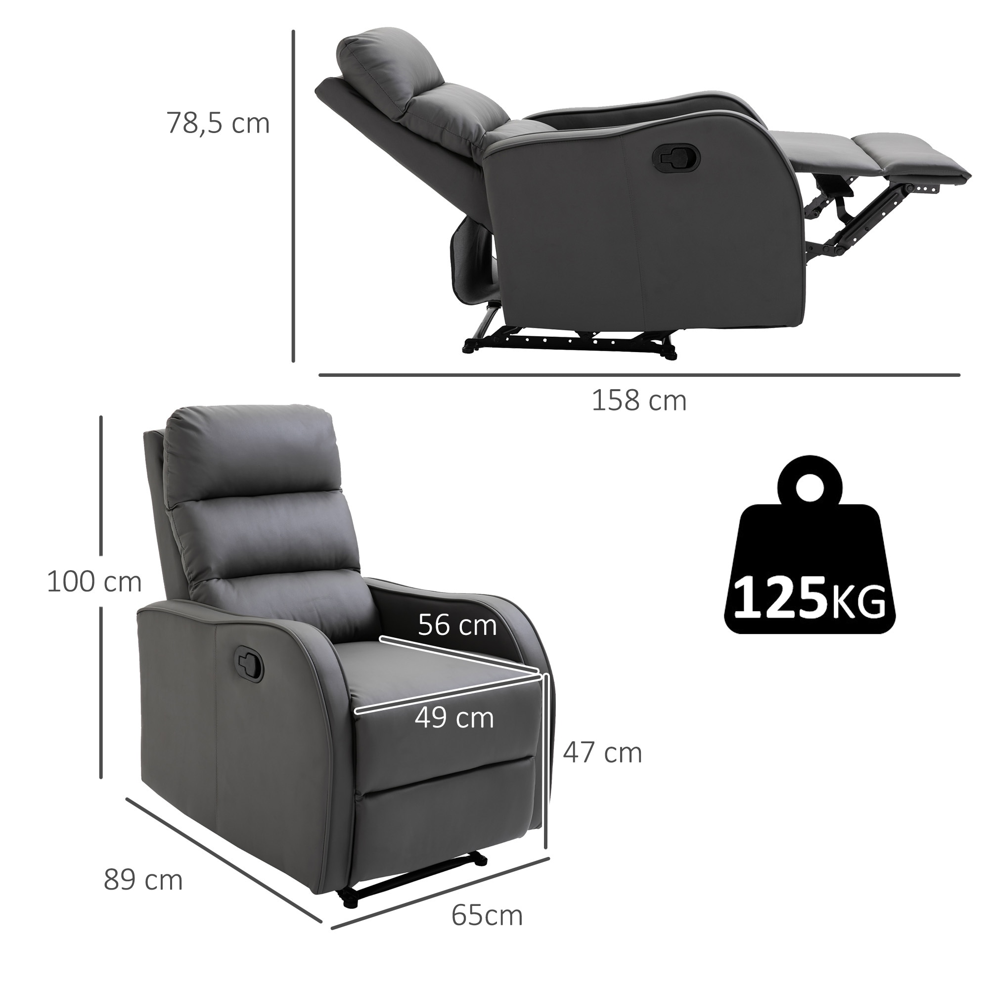 HOMCOM Relaxsessel mit Fußstütze grau 89L x 65B x 100H cm