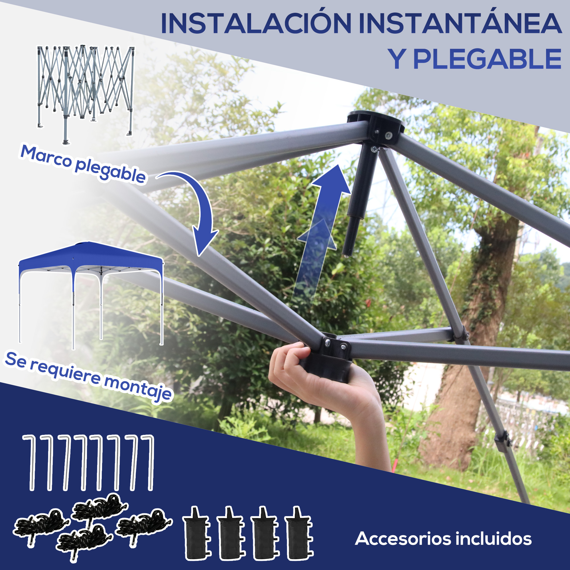 Gazebo dobrável Outsunny 2,5x2,5x2,68 m, tenda de jardim com proteção UV 50+, altura ajustável, 4 sacos de areia e bolsa de transporte para camping, festas e pátios. Cor azul.
