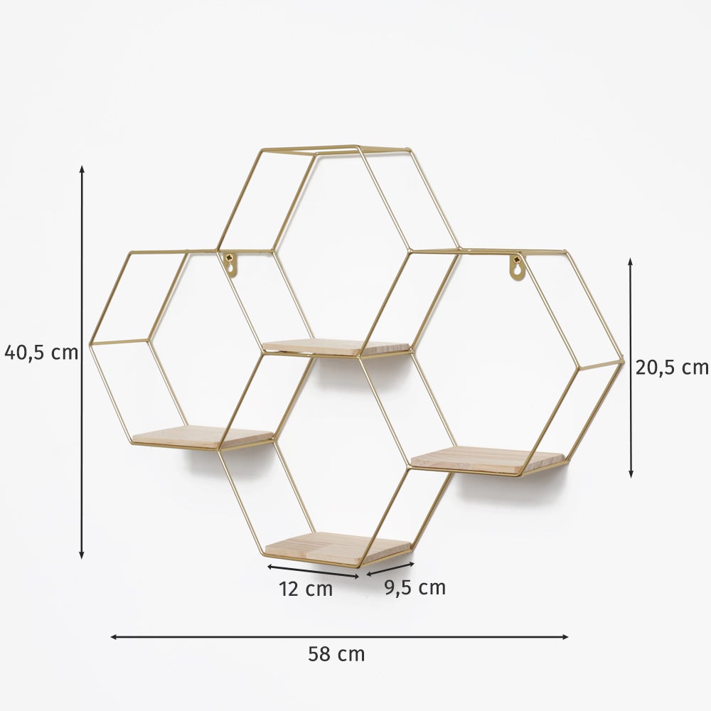 Vier zeshoekige metalen wandplanken - 40,5 x 58 cm - Goud