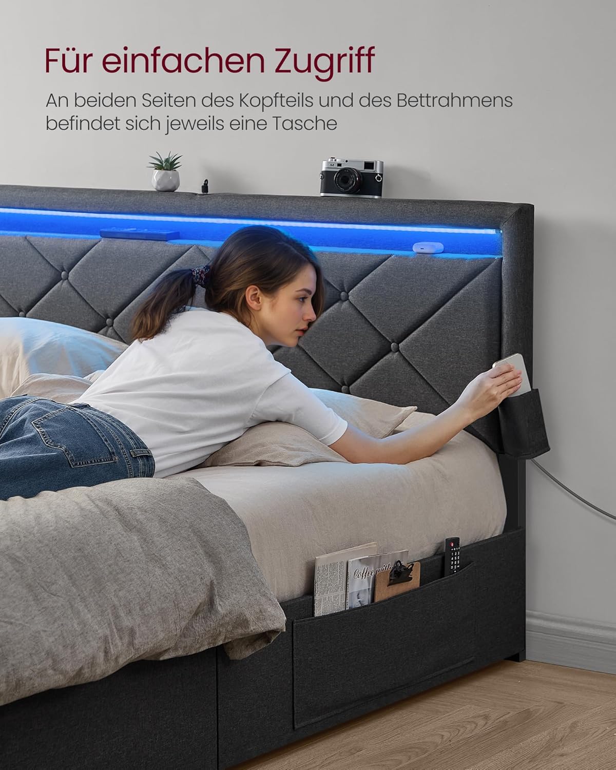 VASAGLE Doppelbettgestell, Bettgestell, passend für 140 x 200 cm Matratze, LED, Metallbett, 4 Schubladen, Ladestation, verstellbares gepolstertes Kopfteil, schiefergrau RMB827G02
