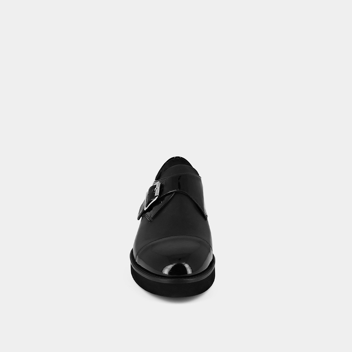Derbies à talons plats, bouts ronds et b...  en cuir et vernis noir