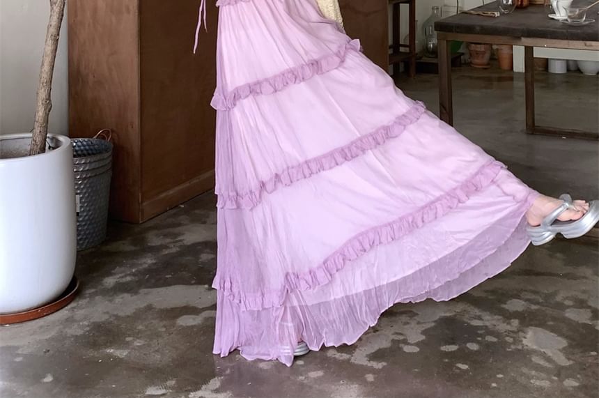 ANORA - Spaghettibandjes V-hals Effen Ruffle Gelaagde Maxi A-lijn Jurk