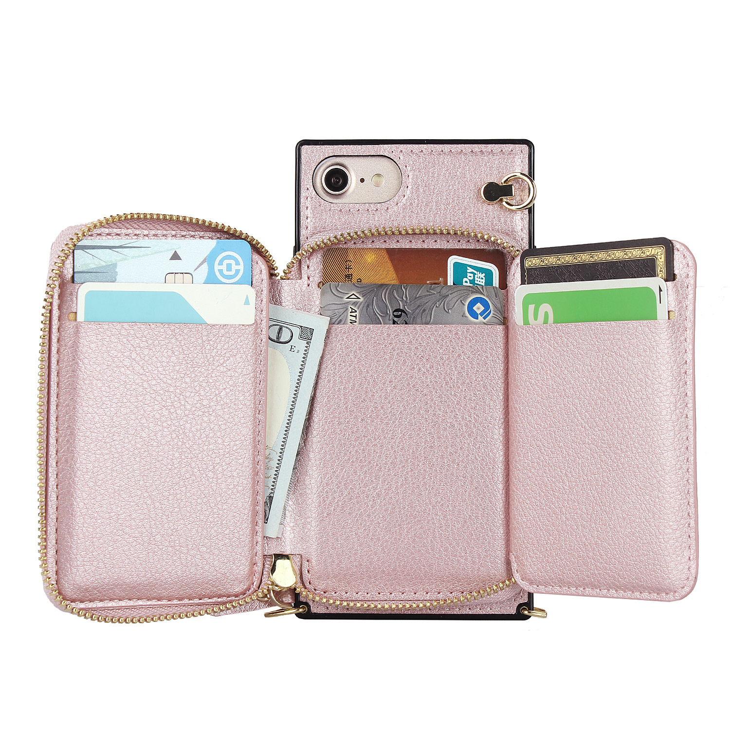 iPhone SE (2022/2020) / 8 / 7 / 6S Necklace Leder Schutz Hülle mit Kartenfächer   Handykette (140cm) - Roségold