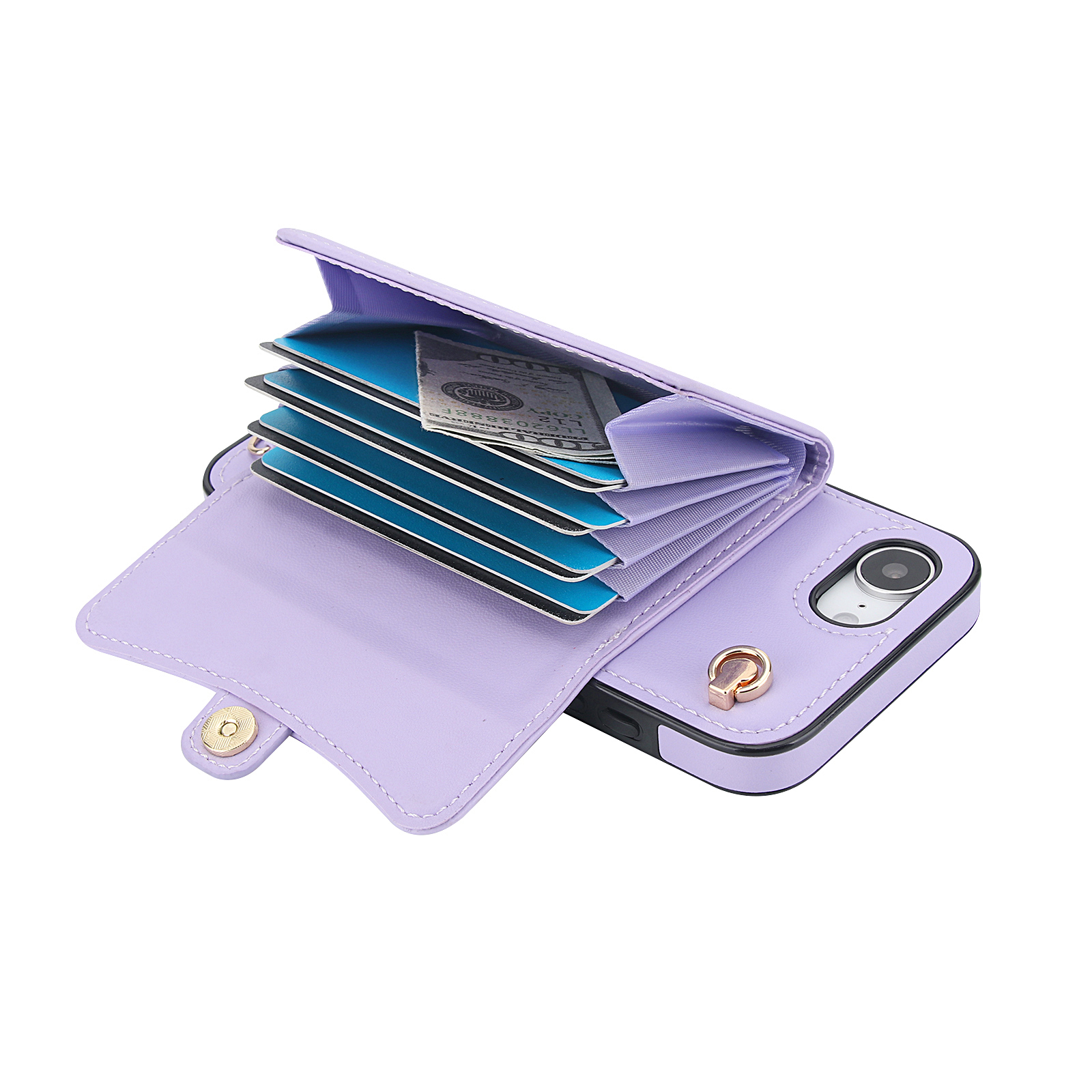 iPhone 16e Necklace Leder Schutz Hülle mit Kartenfach   Handykette (140cm) - Lila