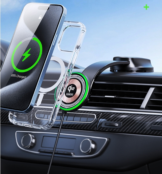 (15W) Dashboard MagSafe Qi2 Wireless Charge Auto KFZ Ladegerät Saugnapf Halterung - Schwarz