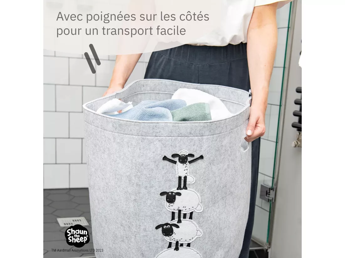 Panier à linge sale gris en feutre motif 4 moutons Lifeney Shaun le mouton
