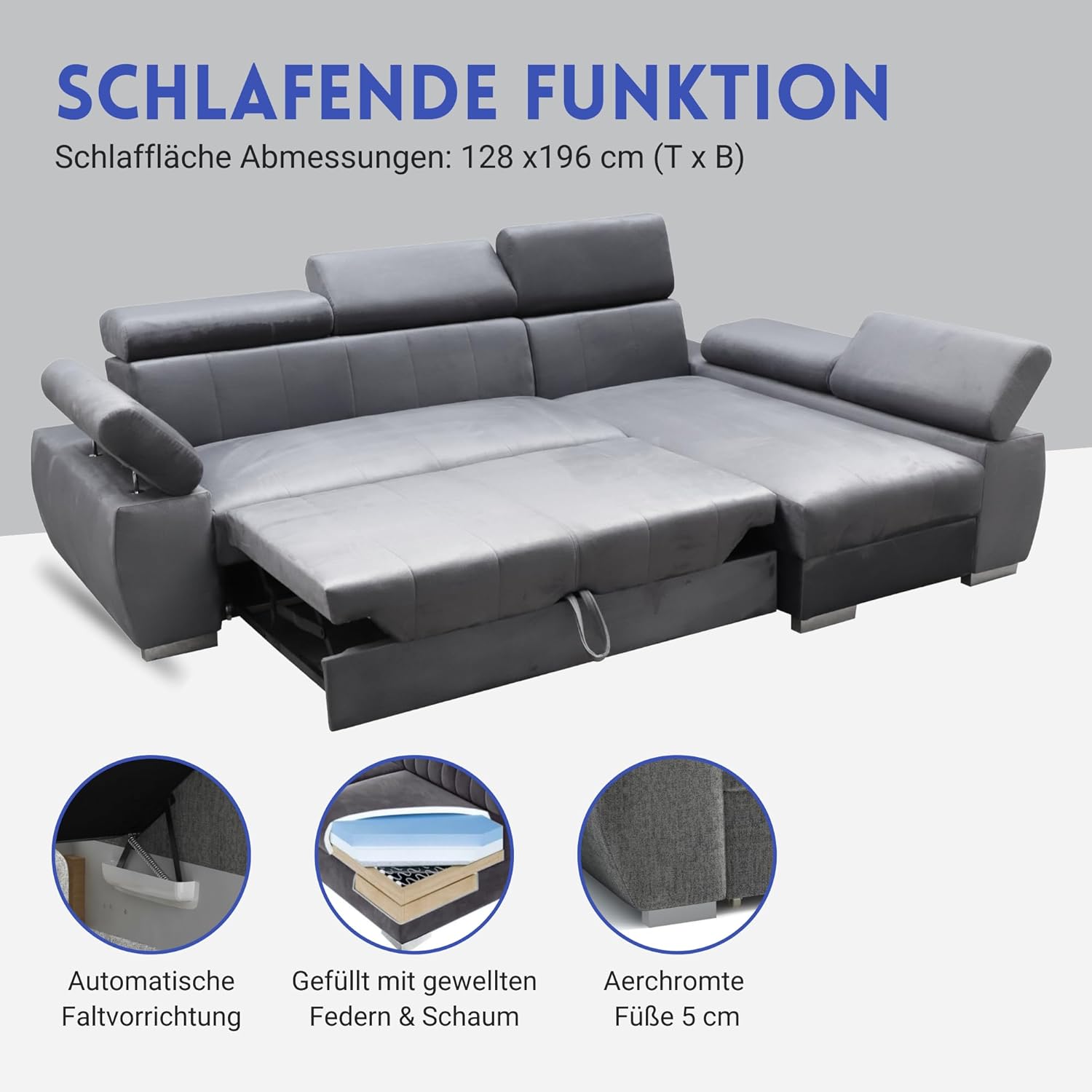 Ecksofa OTTO, Eckcouch mit Schlaffunktion, Federkern, Verstellbare Kopfstützen, Einfacher Klappmechanismus, Bettfunktion, Zusätzlicher Stauraum, Plüsch Anthrazit, Rechts