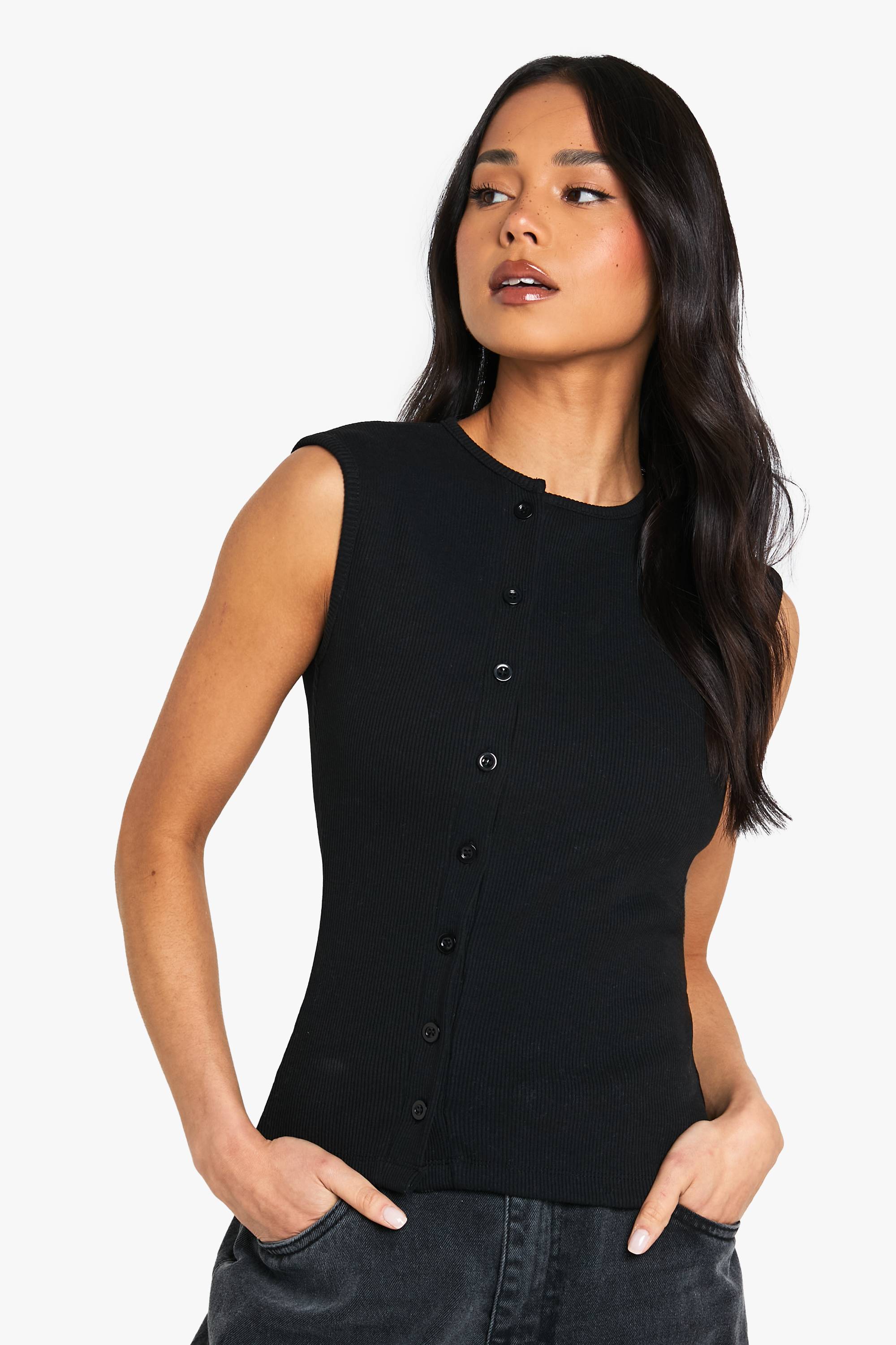 boohoo Haut sans manches en côtes épaisses à boutons