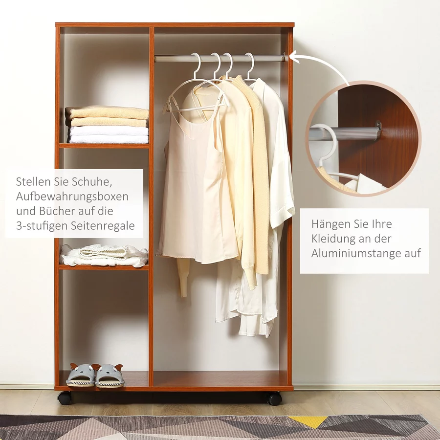 HOMCOM Kleiderschrank mit 4 Rädern und offenem Regalen natur