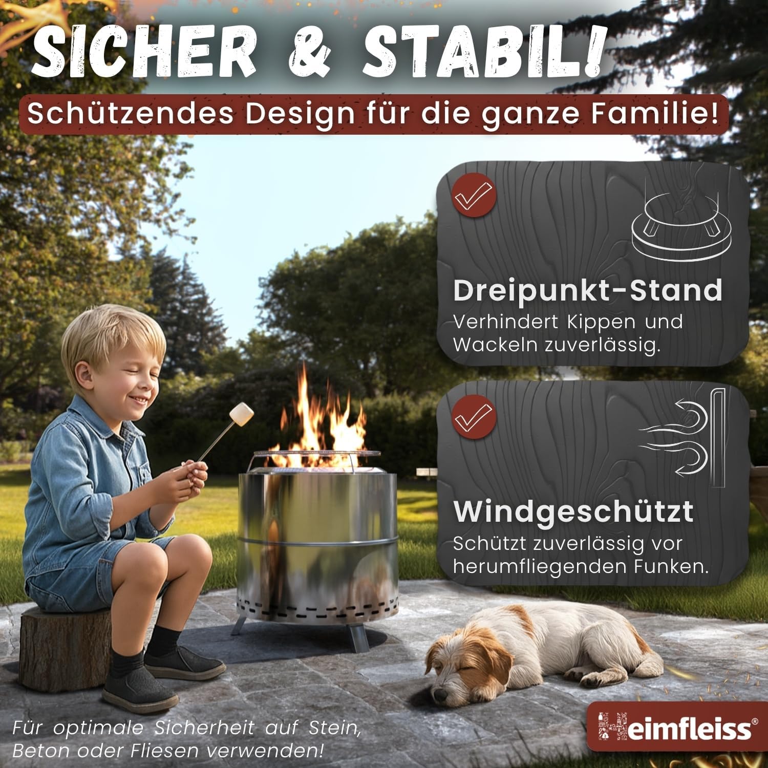 Heimfleiss® Rauchfreie Feuerschale Edelstahl Ø50cm | Feuerkorb mit Grillrost | Feuerschale Rauchfrei für Garten, Camping, Balkon & Terrasse | Rauchfreie Feuerstelle mit Grill | Feuertonne ohne Rauch