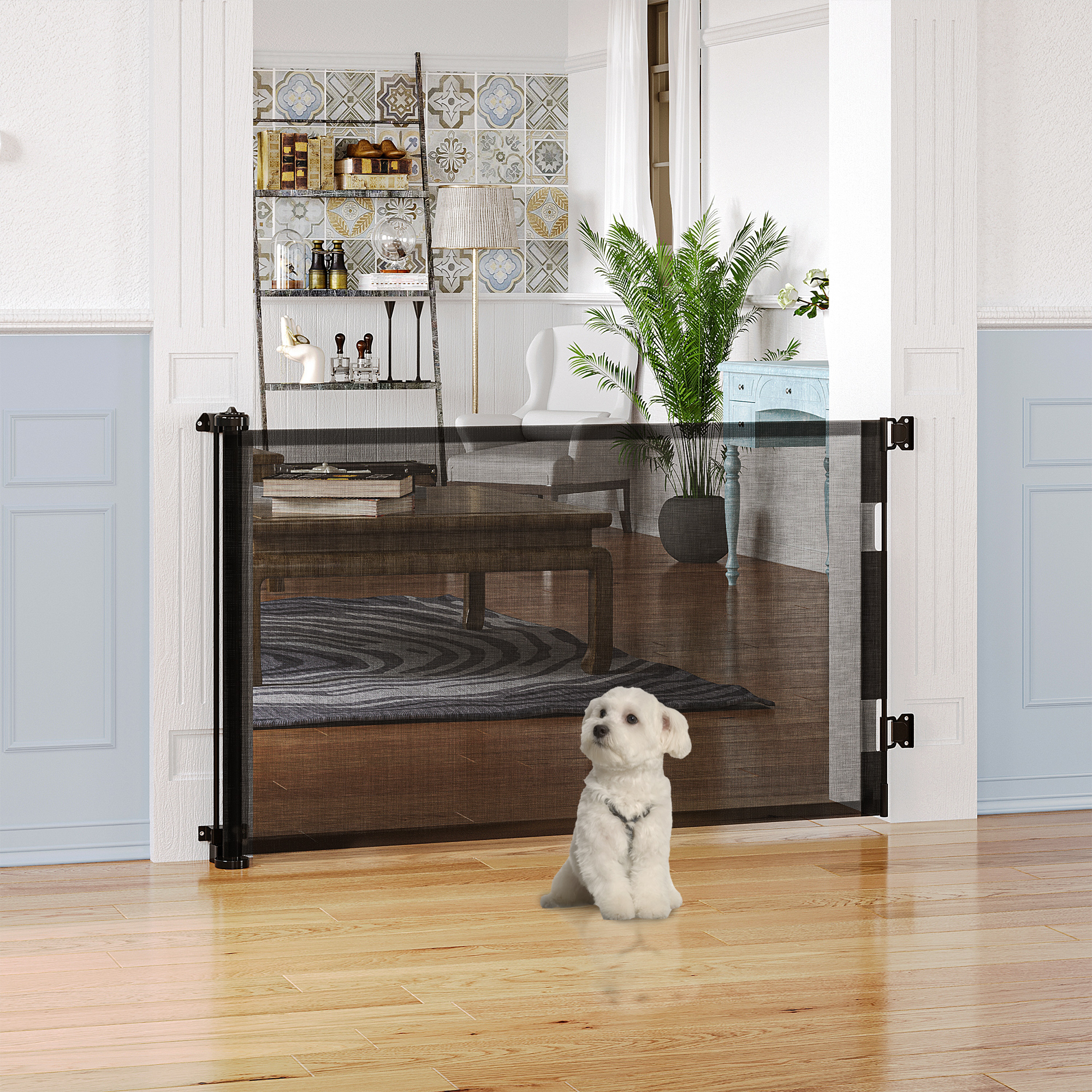 Portão retrátil extensível PawHut de 0 a 150 cm para cães e gatos, barreira para escadas e corredores, liga de alumínio, 165 x 10,7 x 85 cm, preto.