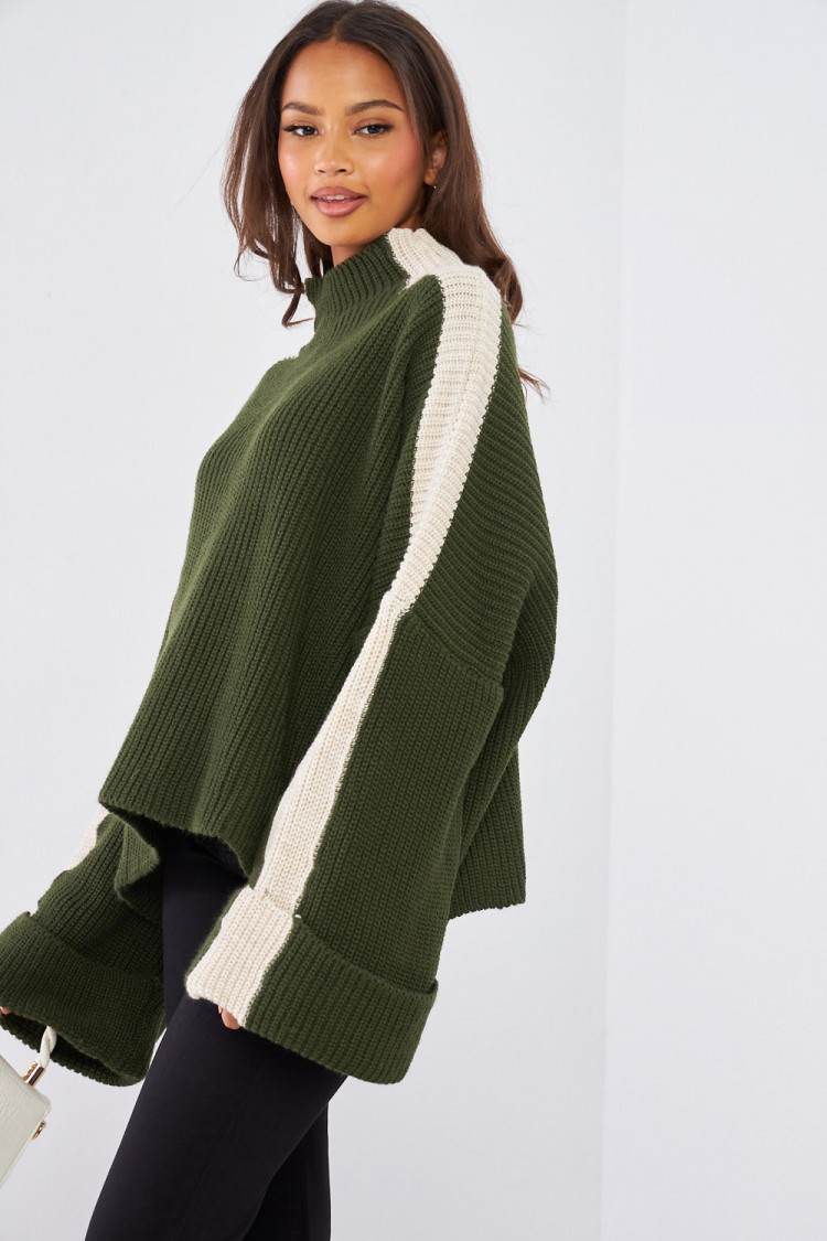 Pull kaki en maille bicolore