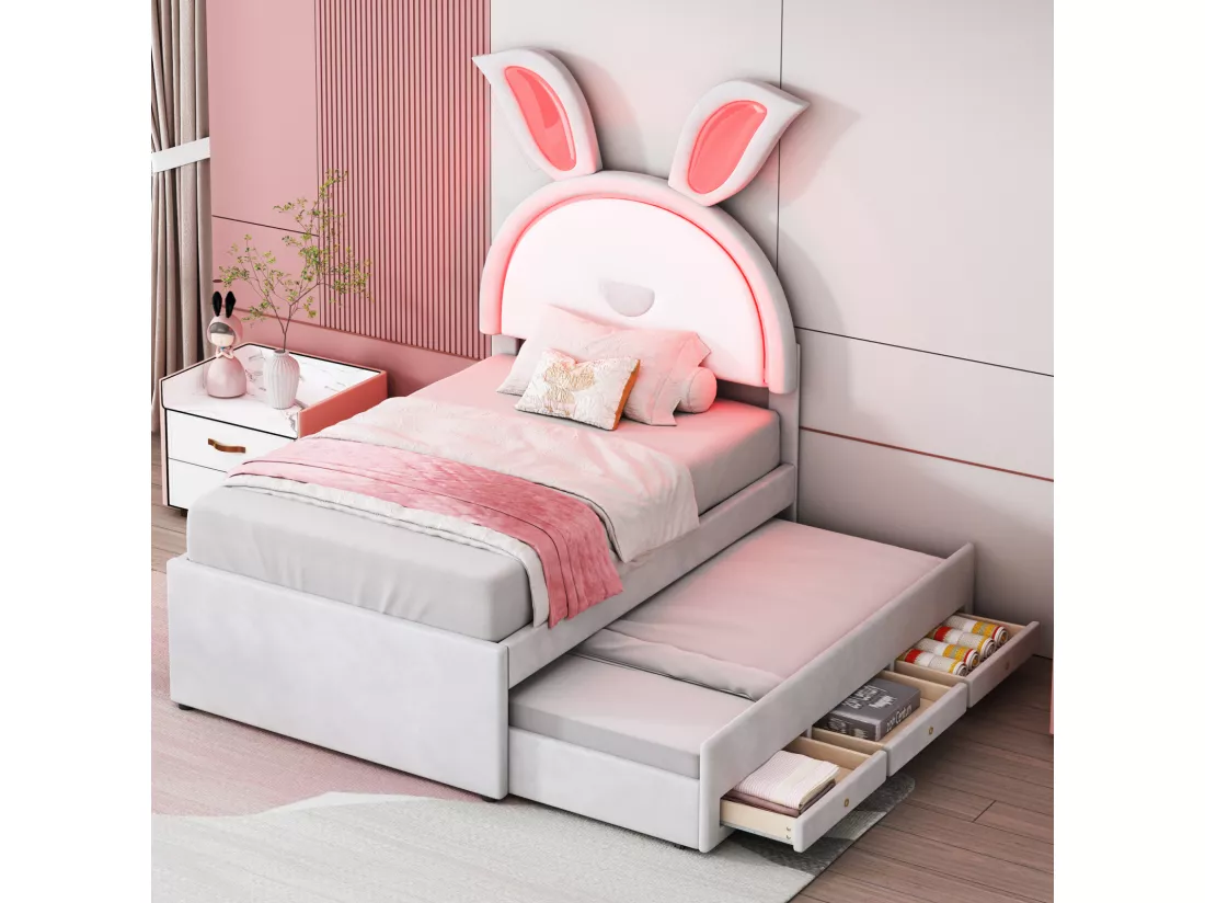 Lit gigogne 90x200+90x190cm, lit enfant capitonné en tissu velours, avec tiroir de rangement, tête de lit LED avec oreilles de lapin, beige