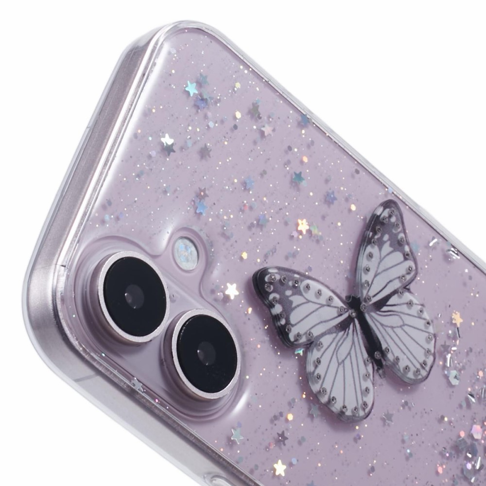iPhone 16 Hybrid Hardcase Schutzhülle im Glitzer Design Schmetterling - Silber / Transparent