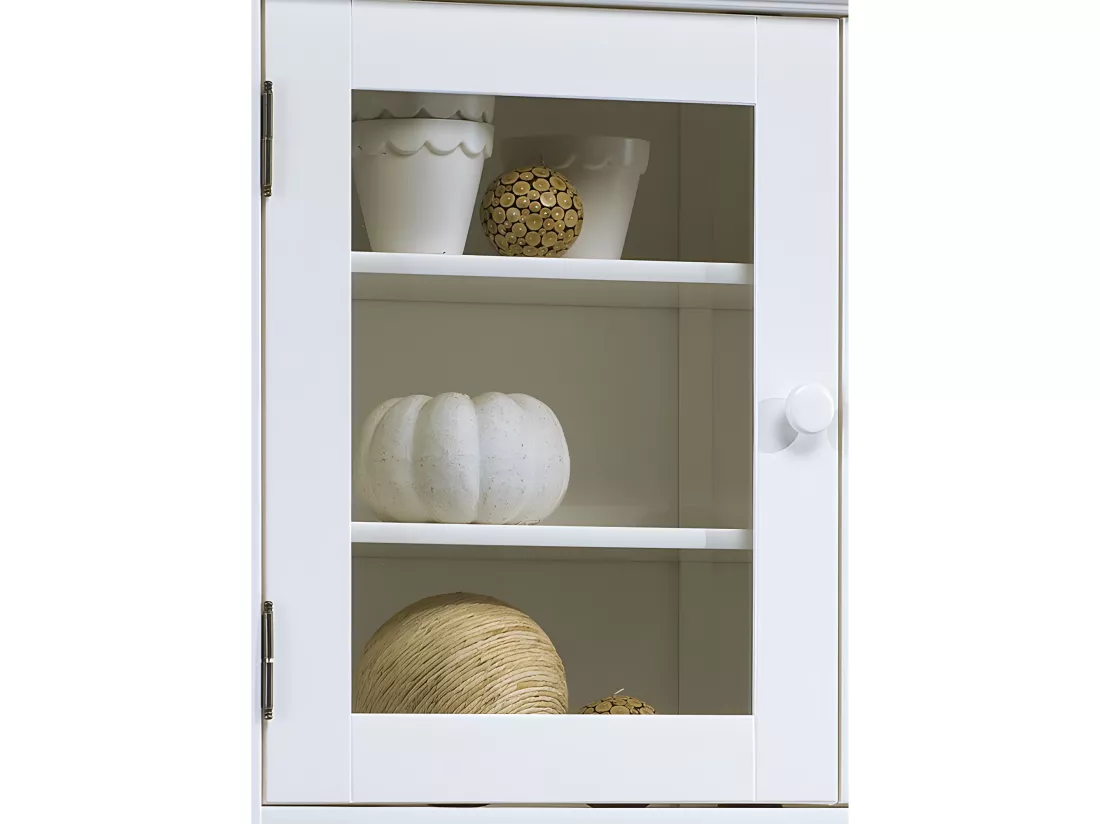 Haut de Vaisselier Blanc 2 Portes Vitrées 3 Niches Style Charme Largeur 98 cm